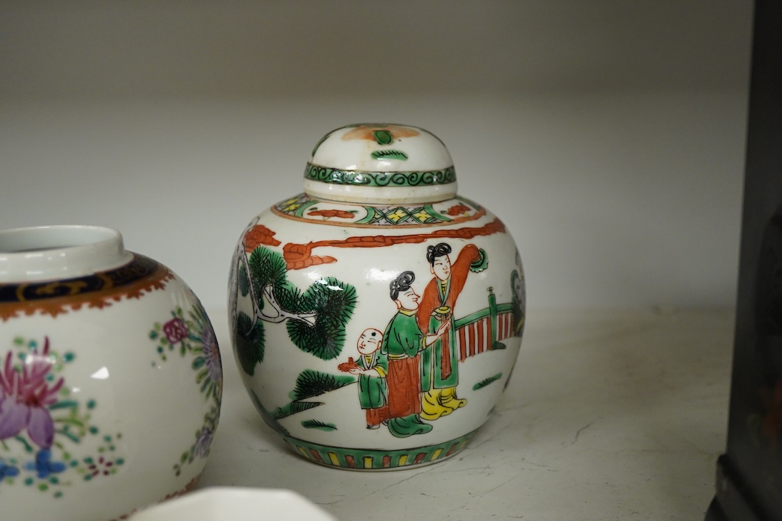 A Chinese ginger jar, Samson ginger jar, Hilditch cup and saucer, other tableware to include coffee cans, largest 15cm high